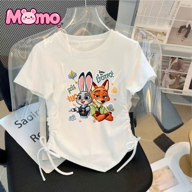 Zootopia hoạt hình giả thêu in họa tiết dây rút thiết kế giản dị cổ tròn ngắn tay