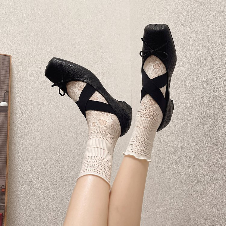 Mùa Xuân Mùa Hè Phong Cách Mới Pháp Retro Mũi Vuông Giày Ba Lê PU Thời Trang Nơ Đeo Chéo Thoải Mái Mặc Bên Ngoài Chống Trơn Trượt Chống Mài Mòn Mary Jane Giày Nhà Máy Giá Bán Buôn