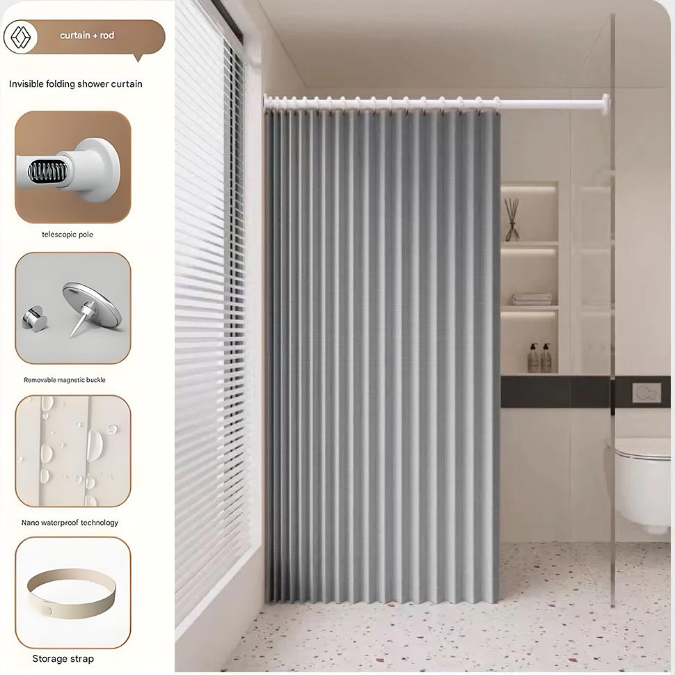 Rèm tắm gấp chống thấm nước có thanh căng & đóng từ tính – Vỏ tắm Accordion không khoan, tùy chỉnh để bảo vệ quyền riêng tư trong phòng tắm, màu trơn
