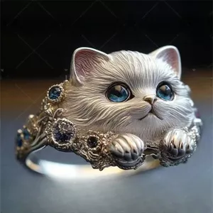 Nhẫn Mèo Có Thể Điều Chỉnh - 3D Họa Tiết Lông Xanh Đá Quý Filigree - Nhẫn Unisex Mạ Đồng