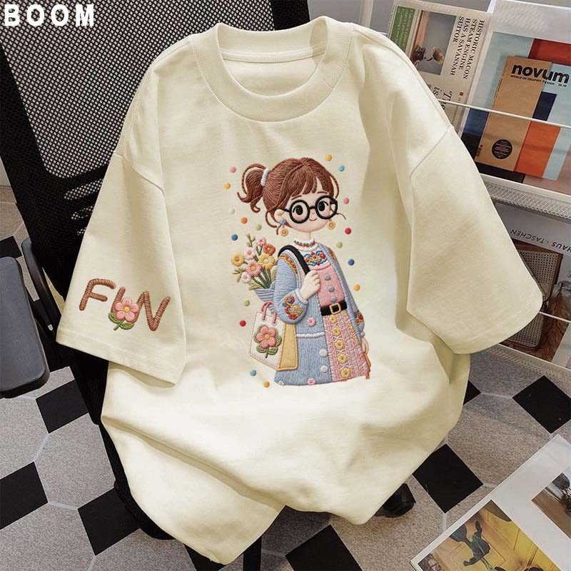 Áo thun chữ thêu nữ kiểu hàn quốc form rộng tay lỡ cổ tròn cotton mát - hè hot trend in cách dễ thương- Local brand #01