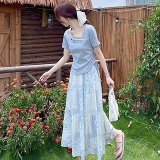 Bộ Váy Nữ mùa hè mới siêu thời trang gồm áo ngắn tay và chân váy in thanh lịch trẻ trung mùa hè