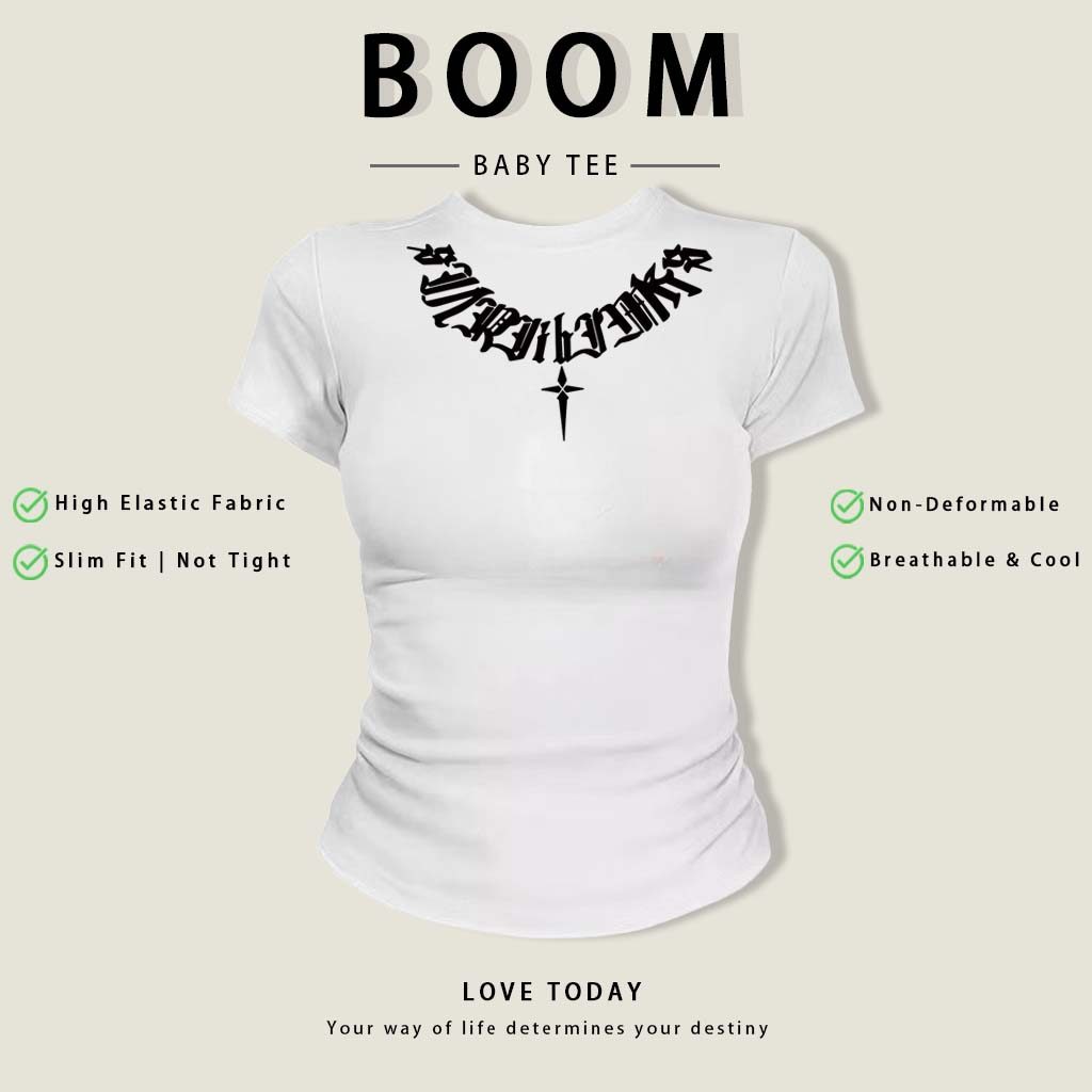 BOOM Áo Baby Tee Nữ Cotton Ôm Body-Áo Thun Ngắn Tay Y2K In Hình PhongCách Mùa Hè, Cổ Tròn Hàng Đầucách hàn quốc phongW75