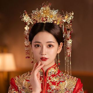 Trang phục cô dâu thiết kế phượng hoàng Thái Xiuhe, bộ quần áo và mũ sang trọng, phụ kiện tóc cao cấp