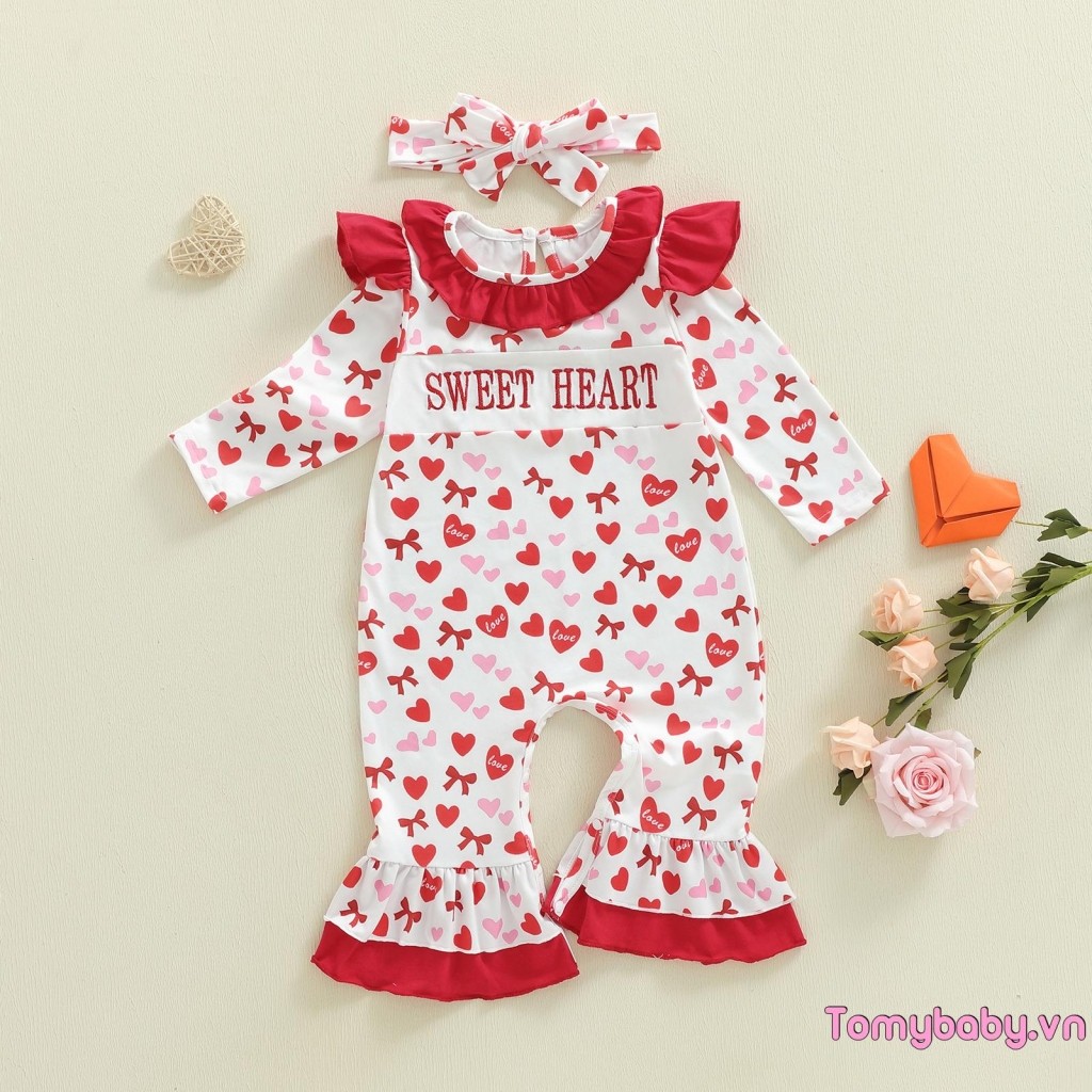 Bộ áo liền quần in hình nơ trái tim dài tay mùa thu cho bé gái có băng đô cho ngày lễ tình nhân
