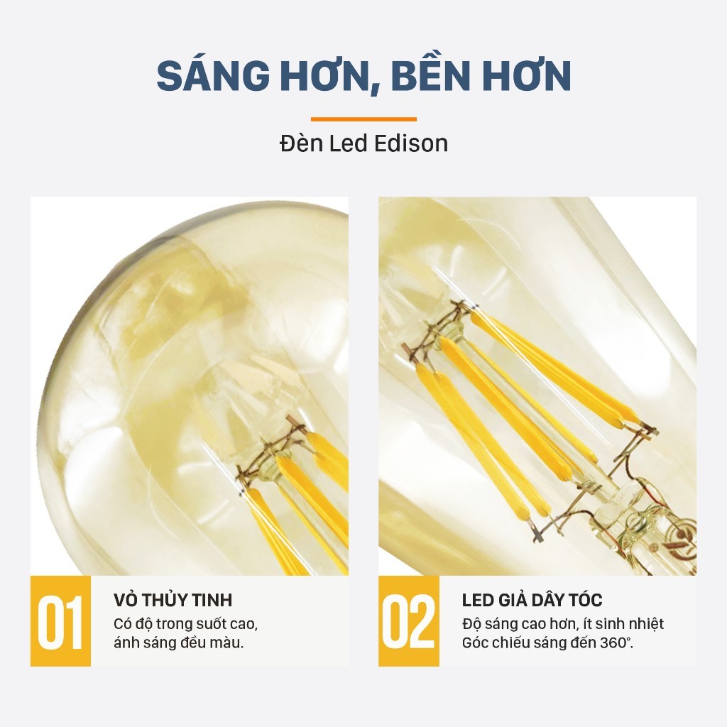 Bóng đèn LED Edison cao cấp, bóng đèn led sợi đốt,ánh sáng vàng,trang trí decor phòng,tiết kiệm điện