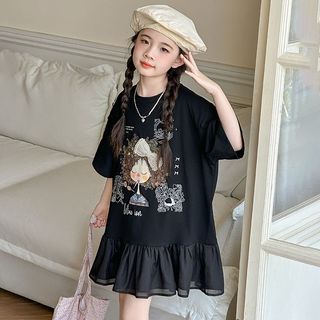 Đầm thun bé gái dáng rộng – Váy giả hai lớp in hoạt hình, cổ tròn thoải mái