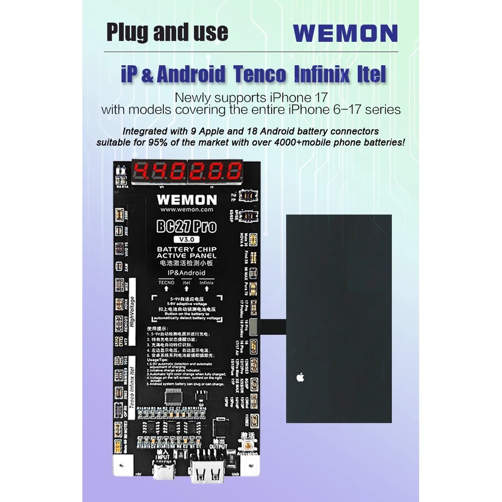 Bảng phát hiện kích hoạt pin WEMON BC27 PRO cho IPhone 6-17 & 400 + Mẫu Android Kích hoạt một cú nhấp chuột của công cụ pin