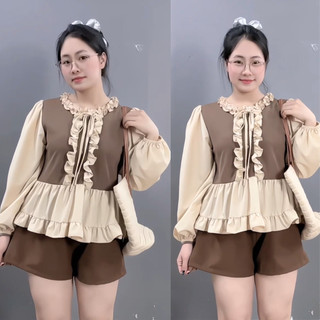 Bộ Đồ Bigsize Nữ Áo Kiểu Babydoll Tay Dài Phối Bèo Tiểu Thư Kèm Quần Đùi Trẻ Trung A336+Q500