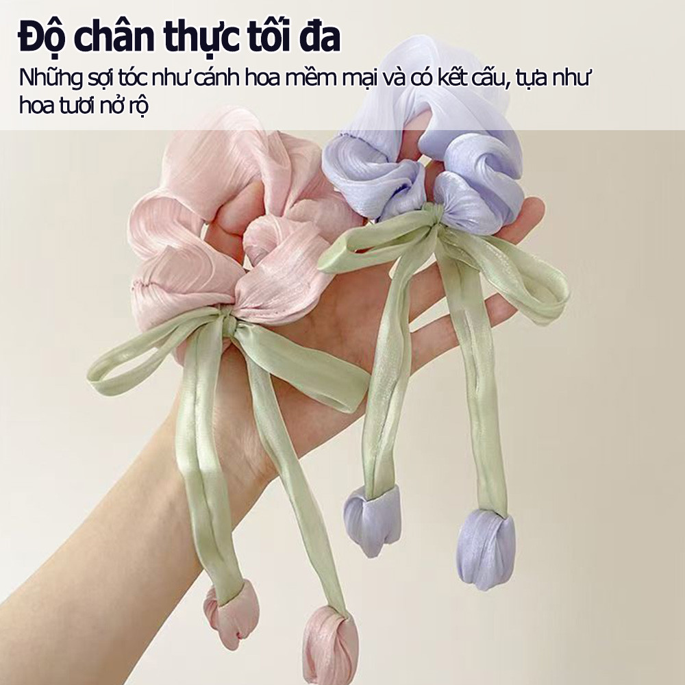 Hoa Tulip Scrunchies Dây Buộc Tóc Cho Nữ Cô Gái Satin Tóc Dây Cao Su Đàn Organ Phụ Kiện Tóc Hàn Quốc Có Treo