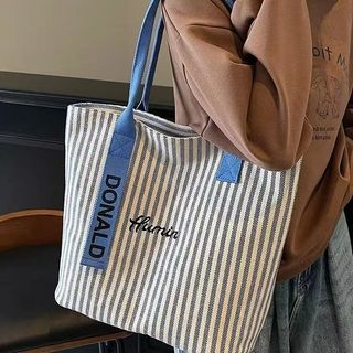 Túi tote đi học sức chứa lớn, túi vải sọc phong cách Hàn Quốc