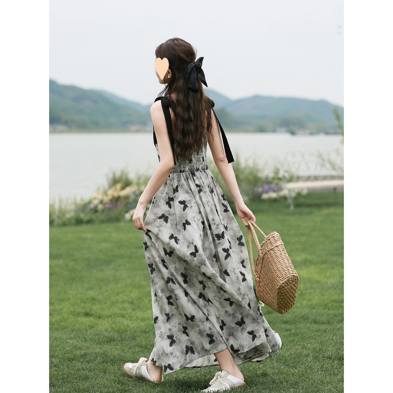 Đầm dây in hoa, thiết kế mùa hè mới, phong cách Pháp, eo thon gọn, đầm dài thanh lịch