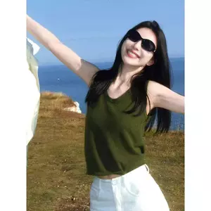 Phong cách Hồng Kông Bên trong Retro Xanh Đan Không tay Áo yếm nhỏ dành cho nữ Áo ghi lê mùa hè Đế mặc ngoài Ice Silk Top
