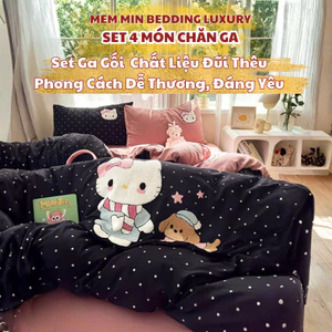 Bộ vỏ chăn ga gối 4 món cotton đũiI Memminbedding Luxury, với họa tiết thêu xù nổi cực sinh động và bắt mắt