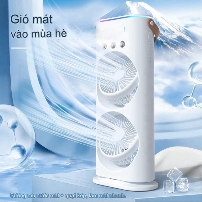 Quạt Điều Hòa Tích Điện 2 Tầng Để Bàn Phun Sương 3 Tốc Độ Gió Tích Hợp Đèn Led Có Remote Tiện Lợi