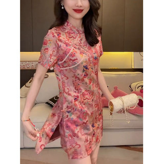 Bộ đồ mùa hè mới dành cho nữ: áo ngắn tay cổ đứng, in họa tiết satin, ôm eo và quần short cạp cao