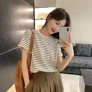 Hàn Quốc Retro Màu Sắc Tương Phản Sọc Cổ Tròn Tay Ngắn Nữ Thiết Kế Mùa Hè Thường Ngày Tất Cả Trận Đấu Mỏng Hơn
