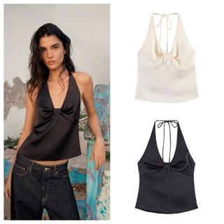 ZA Gợi Cảm Nơ Xếp Ly Phối Ren Cổ Áo Ngắn Sling Top 2632332