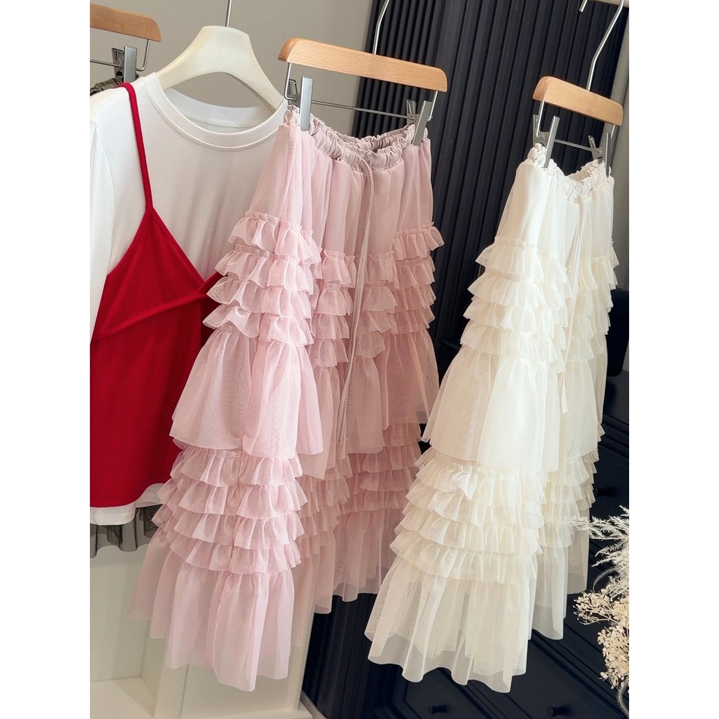 Váy Puff Layered Mùa Xuân, Phong Cách Hàn Quốc, Co Dãn Eo Viền Nữ