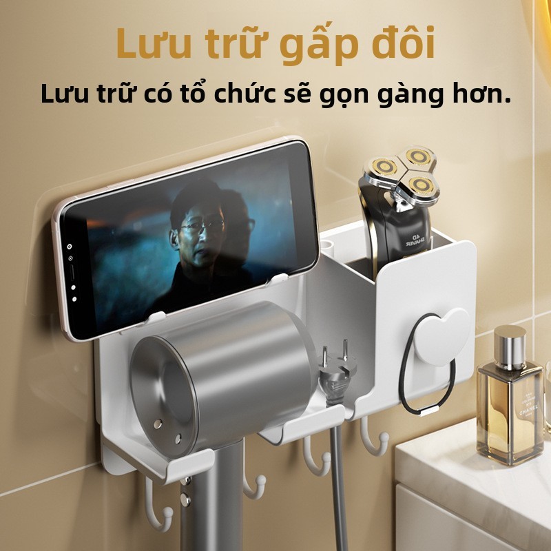 Giá Treo Máy Sấy Tóc Không Khoan,Keo Dán Mạnh,giá treo máy sấy lắp đặt dán tường,Có móc treo, để đồ lặt vặt
