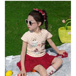 Bộ đồ cho bé gái – Áo thun mèo dễ thương phối chân váy chấm bi đỏ, thoáng khí, phong cách Hàn hè