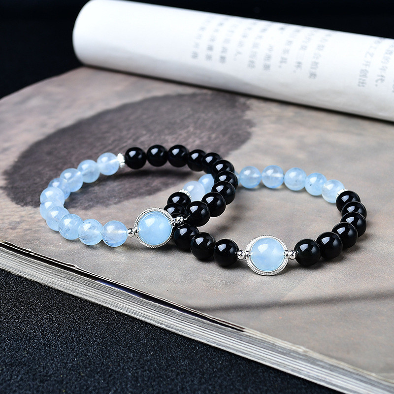 Vòng tay xếp chồng lên nhau obsidian và aquamarine tự nhiên