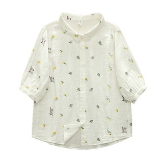 Áo sơ mi nữ 100% cotton họa tiết hoa tươi mát, thiết kế cardigan dáng rộng, phù hợp mùa hè