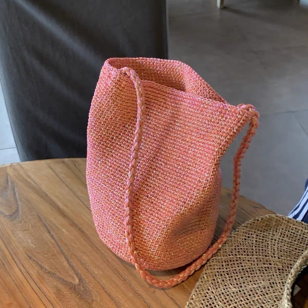 Túi xô dệt tay IFANSIN, Túi xô dây kim loại Boho dung tích lớn, Túi cói thiết kế ống hút thủ công màu trơn thông thường Bãi biển