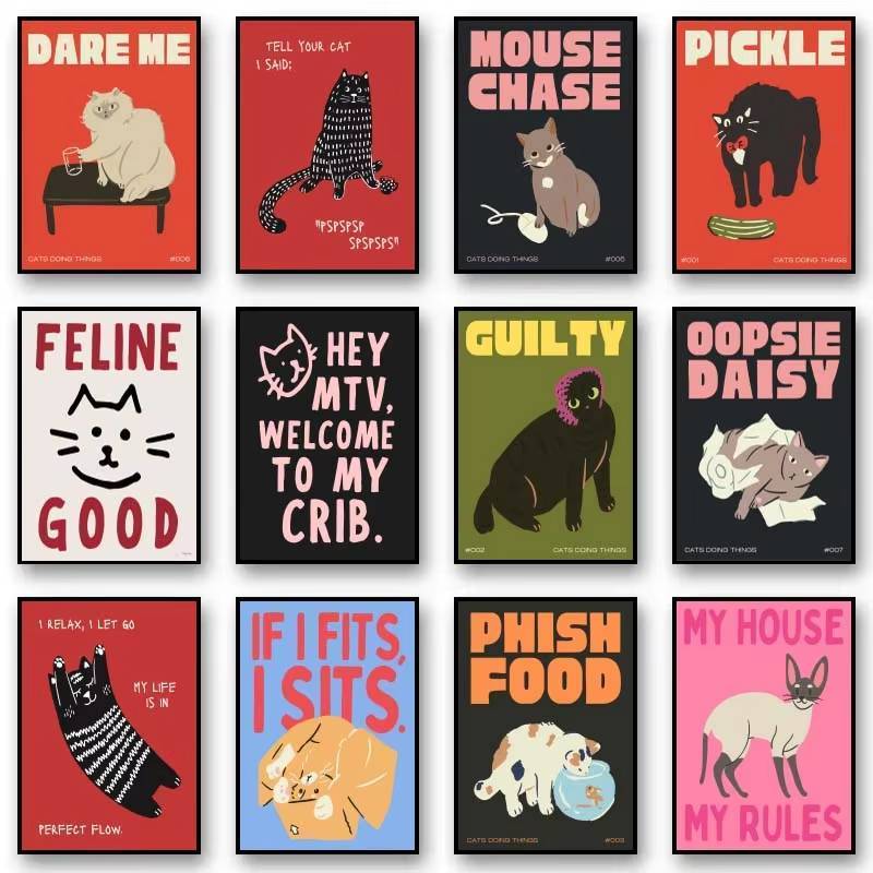 Modern Trendy Black Cat  Food Canvas Painting Cute Funny Animal Wall Art Art Home Wall Decor Canvas Poster