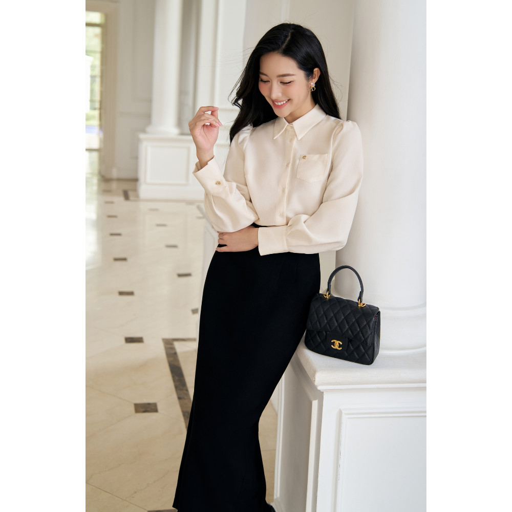 Áo sơ mi nữ ELLA DORA thiết tay bồng form suông túi phối cúc đồng thanh lịch MÀU KEM [SM174]