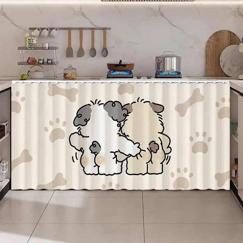 Rèm tủ dễ thương có đường ray trượt – Họa tiết động vật hoạt hình, Vỏ bồn rửa không rơi cho nhà bếp, Ống chống bụi & ẩn
