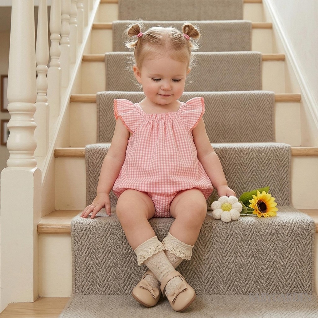 Bé Gái Kẻ Sọc Bong Bóng Romper Bay Tay Cổ Vuông Gingham Quần Áo Mùa Hè Dễ Thương