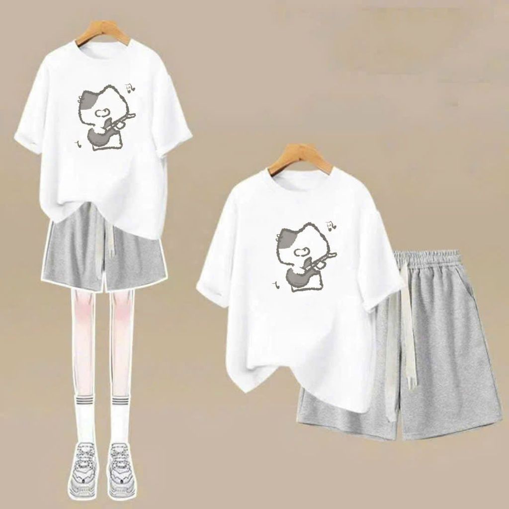 sét bộ quần đùi cộc dây to trơn+mix áo phông form rộng in hình mèo đánh đàn-SHOP THỜI TRANG THU BIO