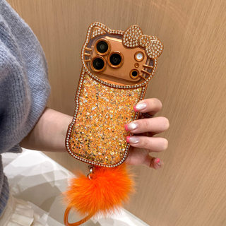 Ốp lưng iPhone tai mèo Bling màu cam có dây đeo cổ tay Pom-Pom | Ốp Điện Thoại Lấp Lánh Lấp Lánh Lấp Lánh Cho iphone 17 17ProMax 17Pro 16 15 14 Vỏ