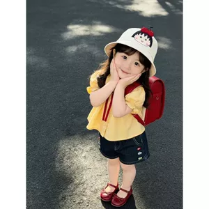 Maruko anh đào!Bộ đồ mùa hè cho bé gái Áo sơ mi trẻ em Quần short Denim hàng đầu Bộ đồ hai mảnh