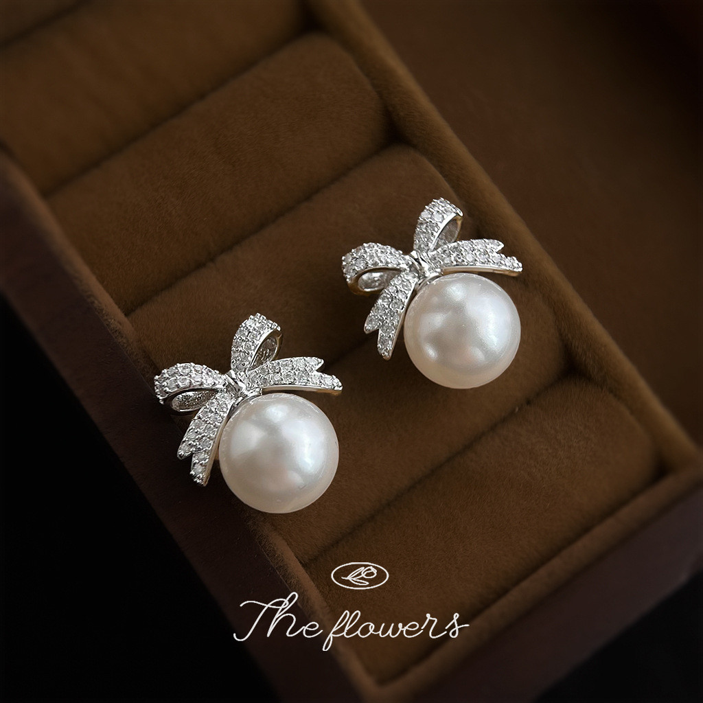 Bông Tai Zircon Micro-Ind Crystal và Pearl bạc 925, Finish Kim ánh Sáng, Style Hàn Quốc, Elegant