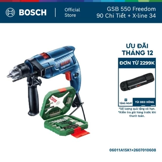 Máy khoan động lực Bosch GSB 550 Freedom 90 chi tiết - Tặng kèm 1 Bộ mũi khoan và vặn vít X-Line 34 món