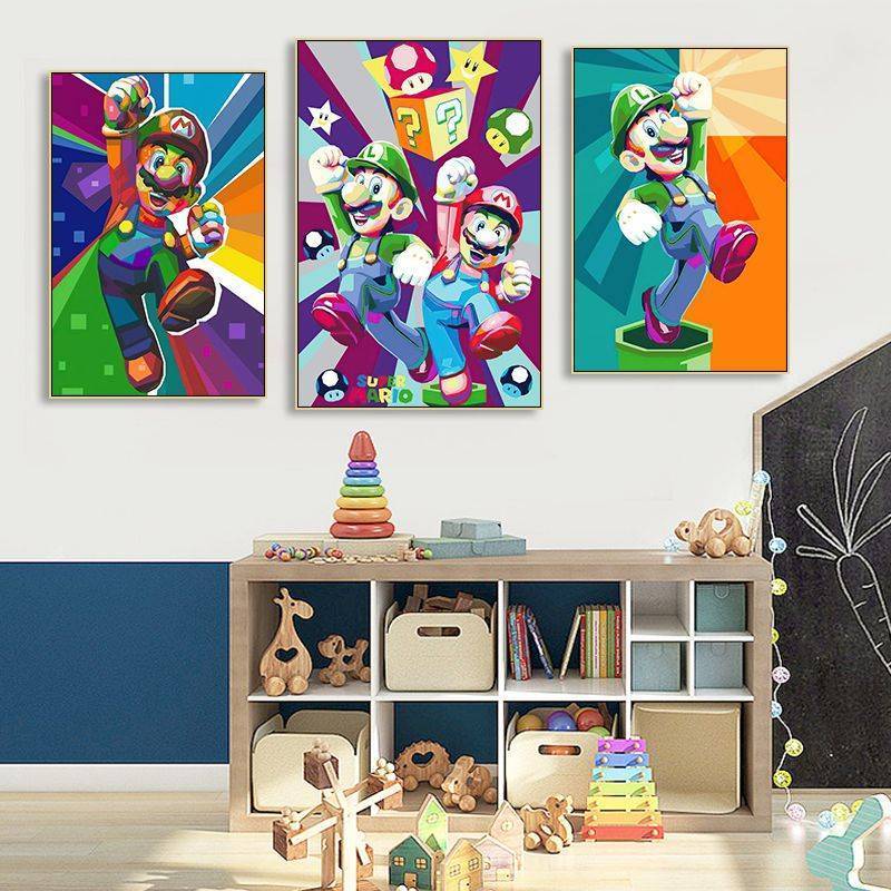 Tranh trang trí Mario, Phòng thể thao điện tử và Nghệ thuật treo tường phòng trẻ em, Phim hoạt hình Super Mario Nintendo Board Game Tranh vải