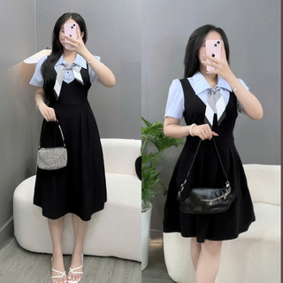 Đầm Thiết Kế Cổ Đức Bigsize Nữ Phối Khăn Lụa May Liền Dáng Váy Xòe Nhẹ Phong Cách Công Sở A690+A691