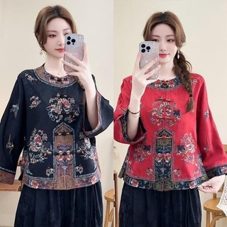 Áo khoác lanh cotton retro với họa tiết thêu dân tộc