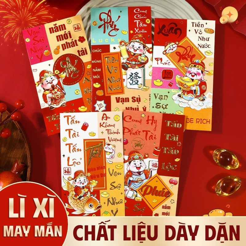 Bao lì xì Tết sắc màu rực rỡ, minh họa không khí ngày xuân - Set 36 bao kiểu dáng túi đựng tiền tiện lợi