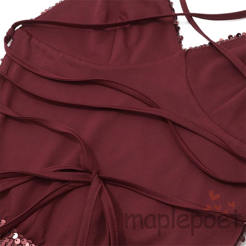 Đầm Mini MaplePoet Nữ - Cổ Chữ V, Thắt Lưng và Dây Spaghetti Sequin Lấp Lánh