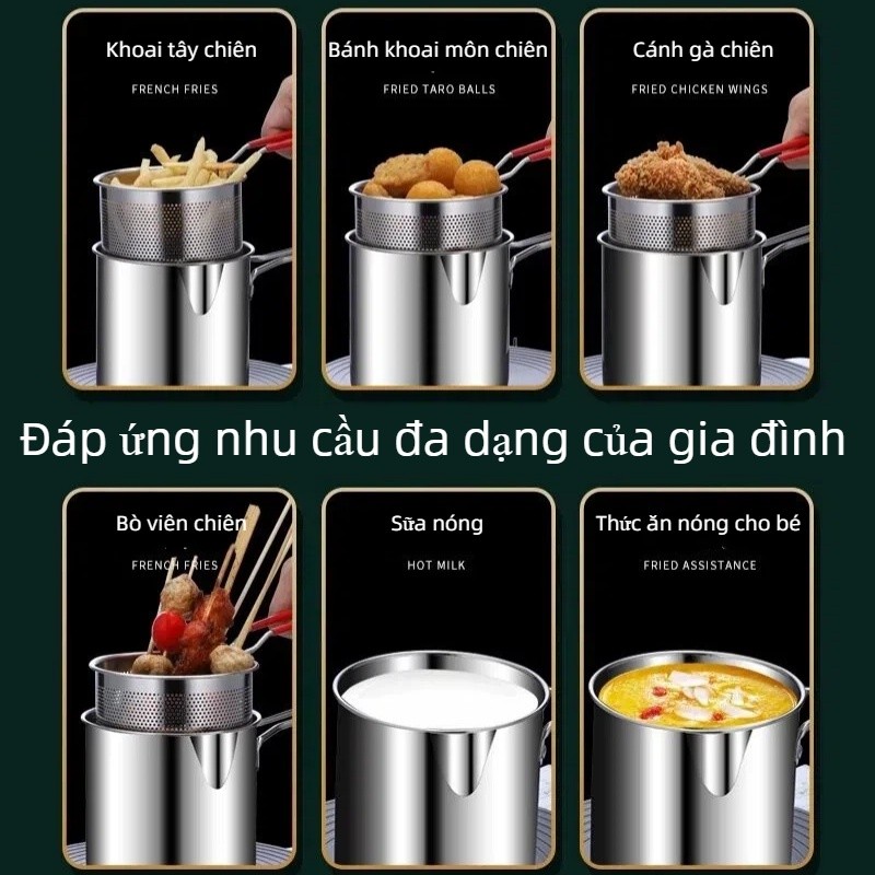 Nồi Chiên Ngập Dầu Inox 304 Cao Cấp - Dung Tích 1200ml, Kèm Rổ Lọc Dầu Chống Dính, An Toàn Dùng Mọi Bếp Từ/Bếp Ga