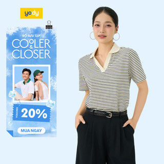 Áo thun polo nữ YODY kẻ dáng suông cổ chữ V thun mềm mại WCPO25A444
