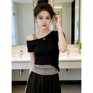 Plus Size Top Nữ Plus Size Ngắn Top Béo MM Giả Hai Mảnh Áo Thun Nữ Tay Ngắn Mùa Hè Năm Nay Phổ Biến Ôm Hơn Thiết Kế Dáng Rộng Vai Top 120kg Plus Size Quần Áo Nữ