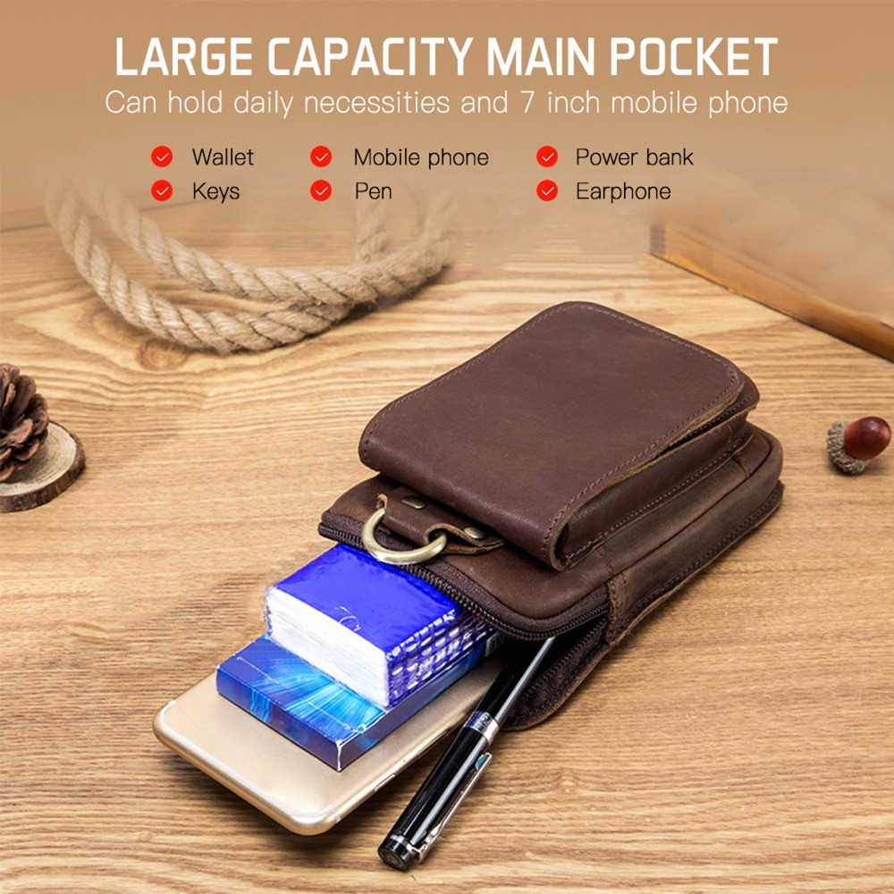 Túi thắt lưng HOBBYIN, Túi thắt lưng sức chứa lớn bằng da bò, Gói Fanny di động cổ điển dành cho nam