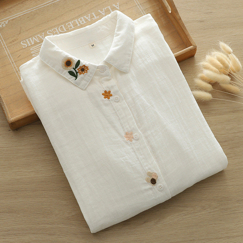 Sợi cotton áo sơ mi nữ cao cấp năm 2026, thiết kế hình trái tim thêu tay dài, phù hợp mọi kích thước