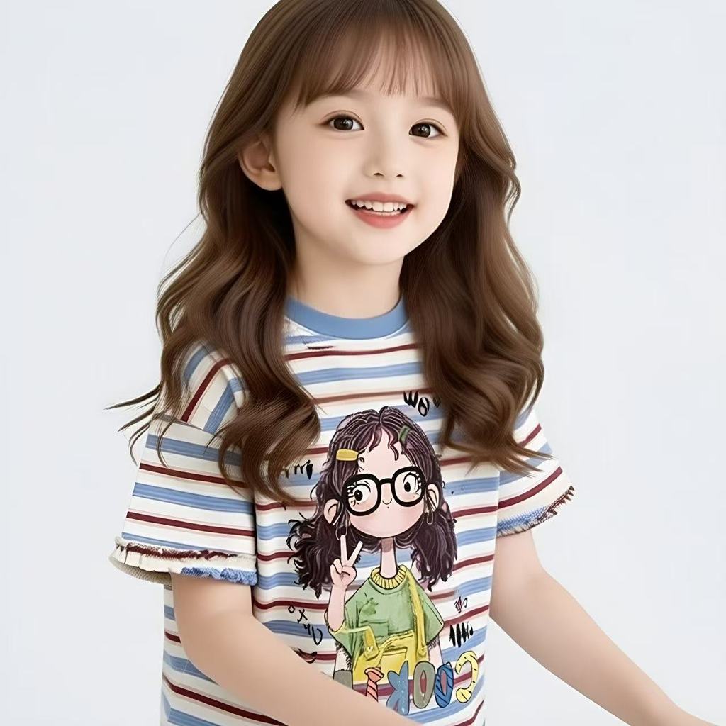 Áo thun sọc hoạt hình bé gái Mùa hè Phong cách mới Phong cách mỏng Áo thời trang 80-160 Size JZK