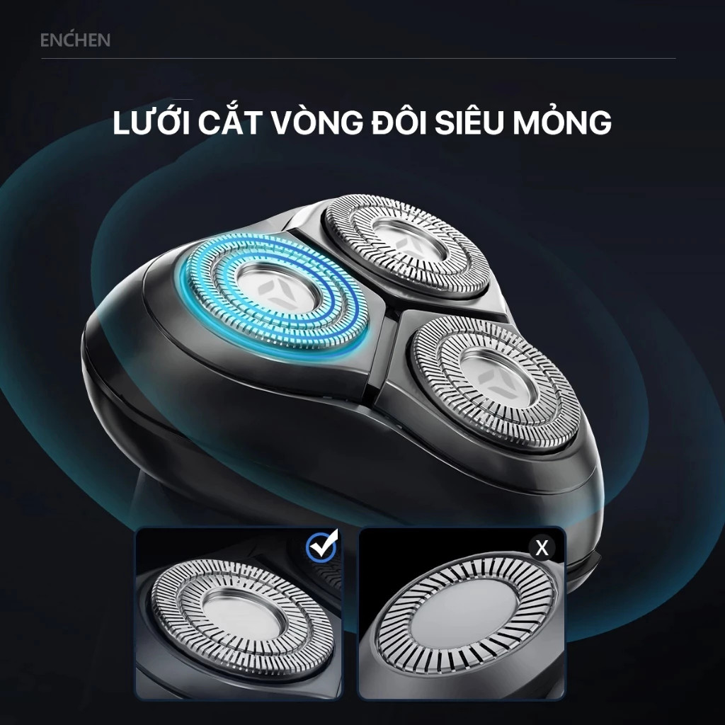 Máy Cạo Râu Enchen Blackstone 8 – 3 Đầu Cạo Linh Hoạt, Lưỡi Dao Kép, Cạo Sạch Nhanh, Chống nước IPX7