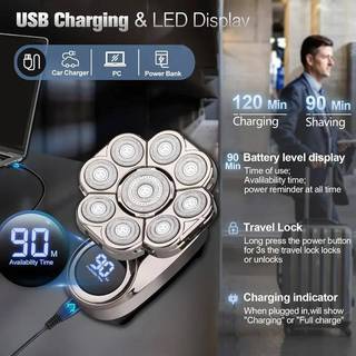 Máy cạo râu 9D đầu hói cho nam, sạc lại, IPX7 chống nước, màn hình LED, đầu dao quay, nam